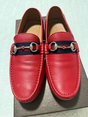 Gucci Red Leather Horsebit Loafers with Black Web